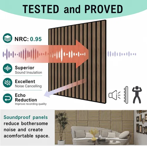 Vista 10 de 4 piezas de paneles acústicos de listones de madera, panel de pared de madera acanalada 3D absorbente de sonido para pared y techo, paneles Nogal