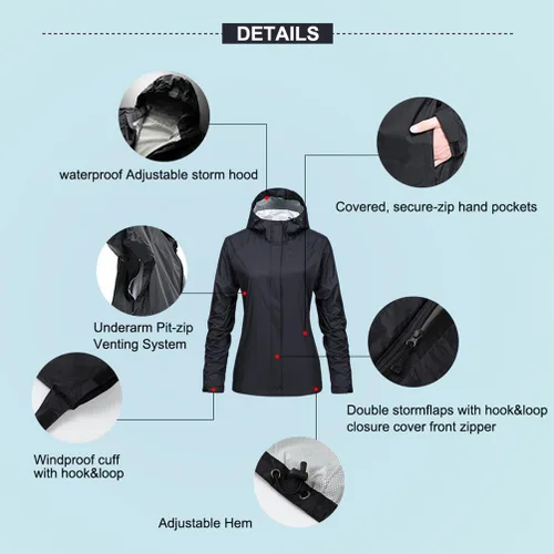 Vista 6 de Chubasquero ligero para mujer, rompevientos con capucha impermeable para exteriores