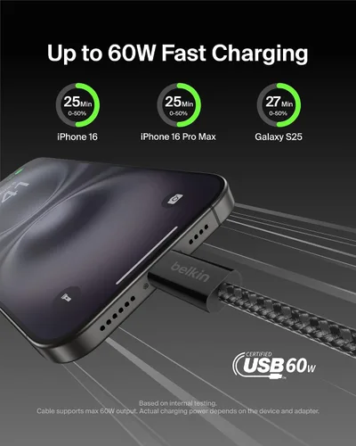 Vista 2 de Belkin Cable USB C a USB C, 3.3 pies, 60 W, cargador tipo C, cable de carga para iPhone, suave, trenzado, flexible para iPhone 16, Galaxy S25, Pixel
