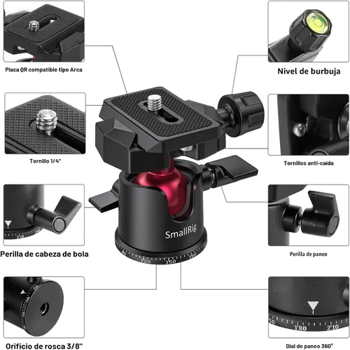 Vista 4 de SmallRig Mini Cabeza de Bola, Cabeza de Trípode para Cámara Panorámica 360° con Tornillo de 1/4" y Montaje de Rosca de 3/8" y Placa de Liberación