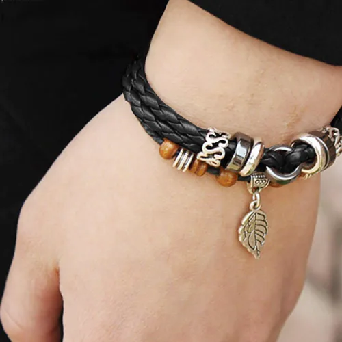 Vista 20 de Suyi brazalete ajustable con varias capas, de cuero tejido trenzado con cruz. Pulsera tipo esclava.