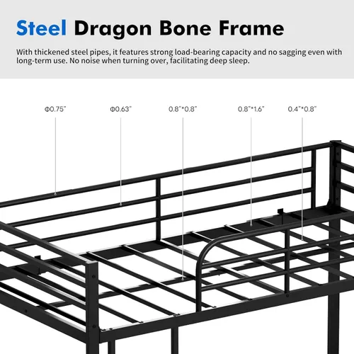 Vista 6 de Litera de metal bajo para niños, con escalera incorporada, barandilla alta y listones de metal, litera inferior de cama de suelo, no requiere Negro