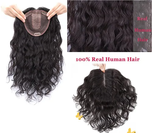 Vista 3 de 14 pulgadas rizado 100% cabello humano parte lateral con flecos para mujeres con cabello delgado, extensiones de cabello con clip, peluca ondulada