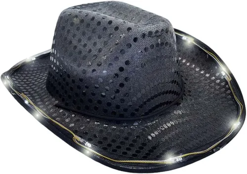 Vista 6 de Sombrero de vaquero con lentejuelas LED para fiesta de fiesta intermitente, fiesta de baile para cumpleaños, boda, festival, Halloween