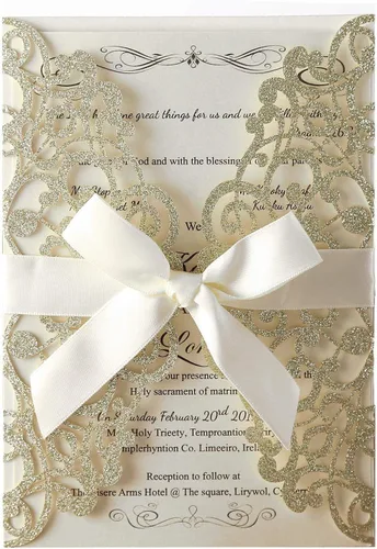 Vista 11 de Hosmsua 20 unidades de invitaciones de boda con flores de 13 x 18,5 cm con purpurina y corte láser con cintas y sobres para boda, despedida