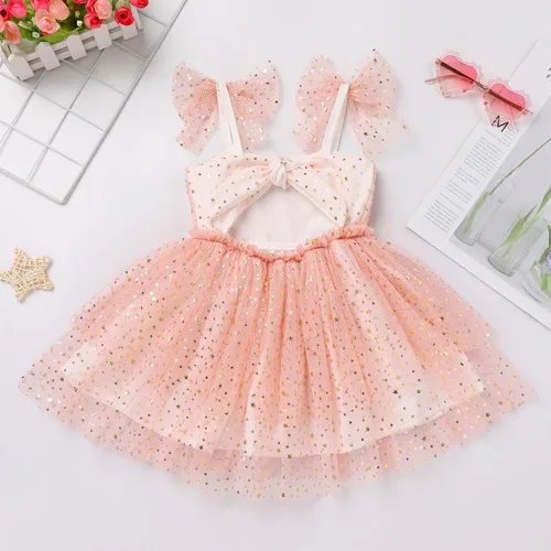 Vista 2 de Toddler Baby Girl Tulle Dress with Polka Dot Sequins Ruffle Mesh Sleeve Flower Girl Wedding Guest Birthday Party Dress