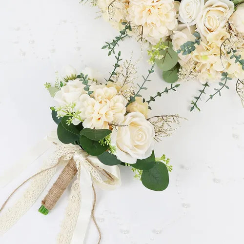 Vista 2 de Ramos de novia bohemios para boda, ramos de 9 pulgadas de flores artificiales para decoraciones de centro de mesa de ceremonia y aniversario, rosas