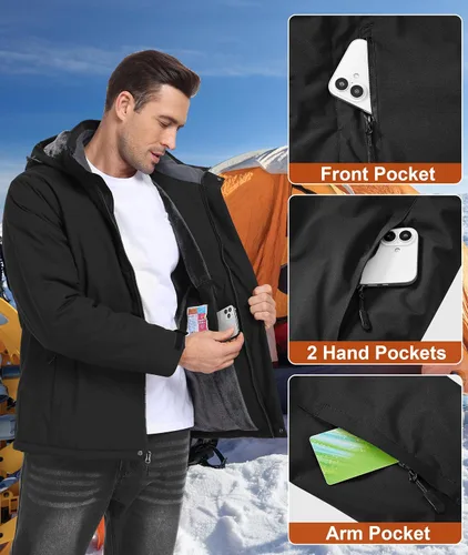 Vista 6 de Chaqueta de nieve de invierno para hombre, impermeable, para esquí, snowboard, lluvia, abrigo, con capucha aislada, forro polar