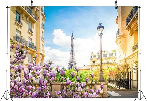 Vista 4 de BELECO Telón de fondo romántico de la Torre Eiffel de París, de 5 x 3 pies, diseño romántico de París, flores florecientes de primavera, cielo azul
