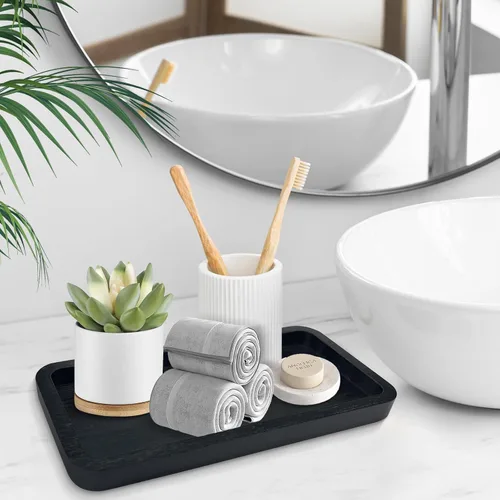 Vista 3 de Bandeja de tocador de bambú para mostrador de baño, bandeja de bambú para baño, tanque de inodoro, perfume 11.8L x 5.9A x 0.8Al pulgadas (negro)