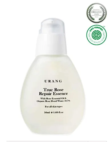Vista 3 de URANG True Rose Repair Essence Certificado Cosmos Natural 50.7% agua de flor de rosa damascena y aceite esencial de rosa Hidratante facial