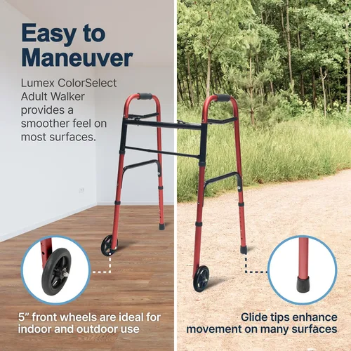 Vista 6 de Lumex ColorSelect Walker, Andador ligero y plegable de 2 ruedas para adultos y personas mayores, rojo