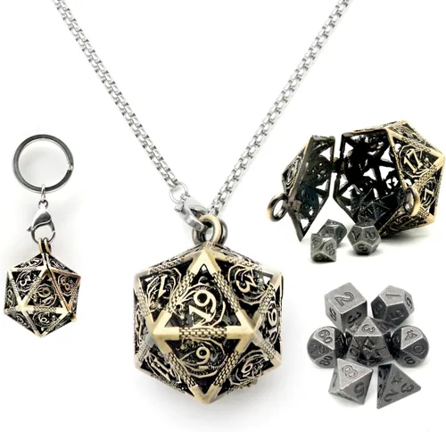 Vista 17 de Haxtec Juego Mini de Dados de Metal DND con Estuche de Collar Hueco Juego de Dados de Metal Pequeños Antiguos Juego de Llaveros D&D Portátil Juego