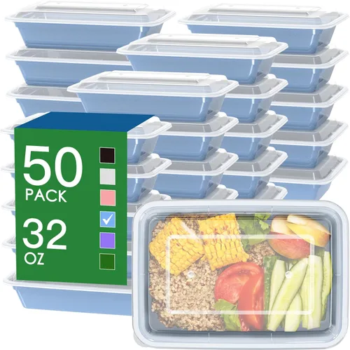 Vista 10 de Paquete de 50 (100 piezas) Recipientes para Preparación de Comidas de 32 oz Reutilizables con Tapas de Apertura Fácil, Resistentes a Prueba de Fugas