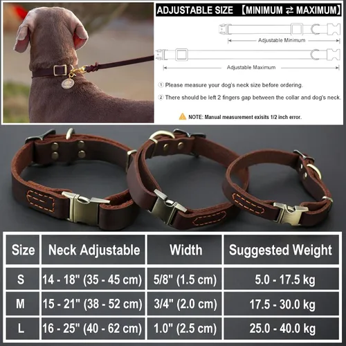 Vista 3 de Collar de cuero personalizado para mascotas, collar de perro personalizado con placa de identificación grabable, collar transpirable con hebilla