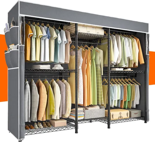 Vista 9 de Raybee Perchero de ropa con cubierta, perchereros para colgar ropa resistente, armario portátil con estantes, ajustable, carga de 905 LBS, negro
