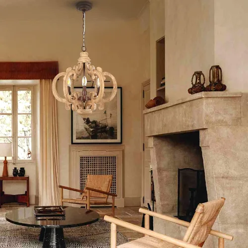 Vista 3 de HMVPL Lámpara de araña de granja, lámpara de isla vintage para isla de cocina, lámpara colgante de madera para vestíbulo y pasillo, 6 luces rústicas