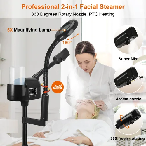 Vista 4 de Vaporizador facial profesional con lámpara de aumento 5X, vaporizador facial 2 en 1, calefacción PTC, vaporizador esteticista, vaporizador facial