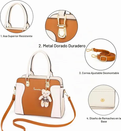 Vista 3 de Soperwillton Monederos para mujer, bolso cruzado de hombro, asa superior, bolsa de mano, cartera, juego de 3 piezas beige/marrón