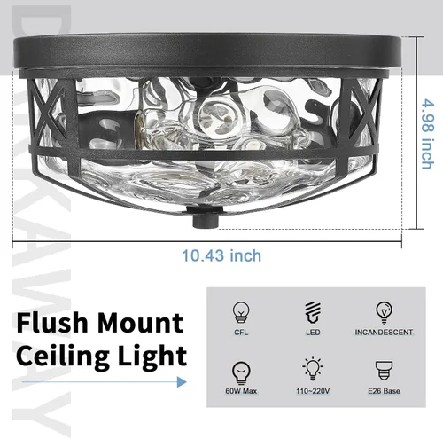 Vista 2 de Darkaway Lámpara de Techo Empotrada para Interiores y Exteriores Accesorios de Iluminación de Techo con Pantalla de Vidrio con Ondas de Agua