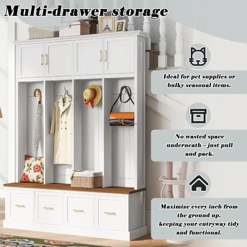Vista 6 de JIVOIT Farmhouse Wood Hall Tree with Coat Hooks, Cabinets, 4 Drawers, Hooks (Ancient White/ 091)
