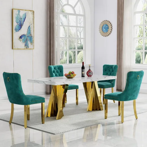 Vista 68 de HomVent - Juego de mesa de comedor de mármol sintético de 68 pulgadas con 4 sillas de terciopelo para cocina Modern Rectangular Faux Marble