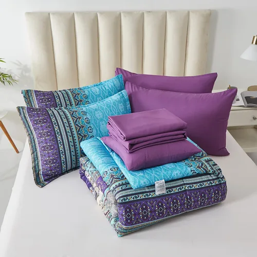 Vista 8 de Cottolester - Juego de edredón bohemio de tamaño matrimonial, 8 piezas, ropa de cama de microfibra suave en una bolsa, rayada y de color aguamarina
