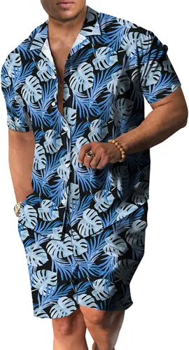Vista 19 de RPOVIG Conjunto de playa a juego con camisas y pantalones cortos para hombre, ropa floral hawaiana para festival, conjuntos de 2 piezas con sombrero