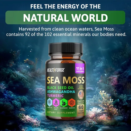 Vista 5 de Cápsulas de musgo marino irlandés Organic Seamoss 3000 mg Cápsulas de aceite de semilla negra 2000 mg Ashwagandha Suplementos 1000 mg de cúrcuma