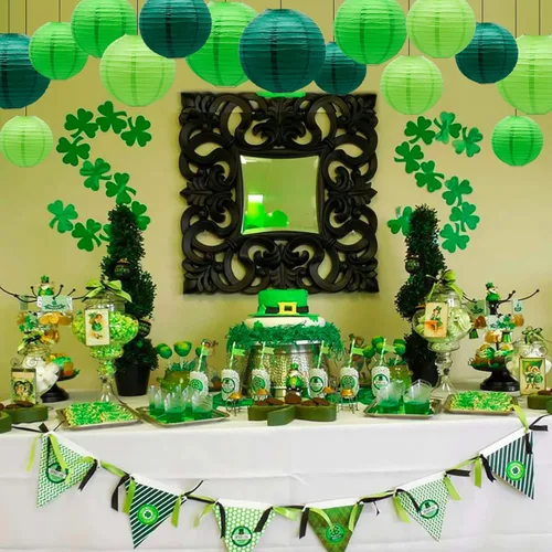 Vista 6 de Faroles decorativos de papel verde, 12 faroles de papel colgantes para aula, baby shower, día de San Patricio, graduación, boda, temática de selva