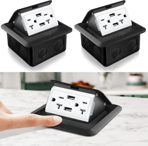 Vista 7 de Hoolerry Kit de 1 caja de cubierta de toma de corriente eléctrica de piso desplegable con cargador USB de 4.8 A, 20 amperios, impermeable