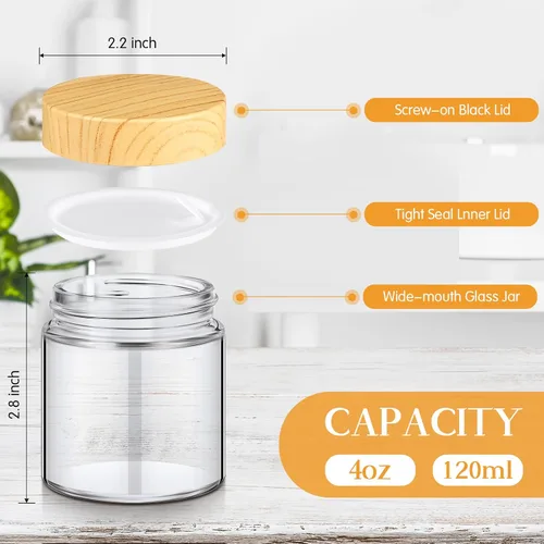 Vista 2 de Norme 120 tarros de vidrio de 4 onzas con tapas, recipientes de vidrio vacíos con tapas de grano de madera y revestimientos interiores