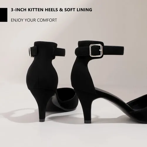 Vista 4 de IDIFU IN3 D'Orsay Zapatos de tacón bajo para mujer, zapatos de vestir puntiagudos con puntera cerrada, correa de tobillo para novia, elegante