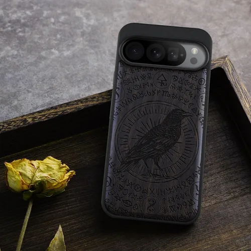 Vista 8 de Carveit Funda de madera para Pixel 9 Pro [madera natural y TPU suave negro] a prueba de golpes, funda de madera única compatible con Google Pixel 9