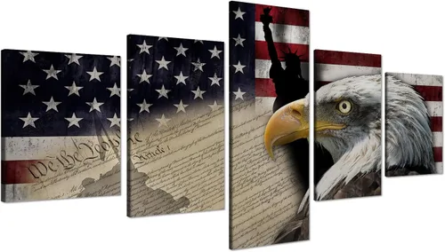 Vista 12 de Cuadros decorativos para pared de sala de estar, impresión en lienzo, retro, vintage, bandera estadounidense estadounidense y pintura moderna