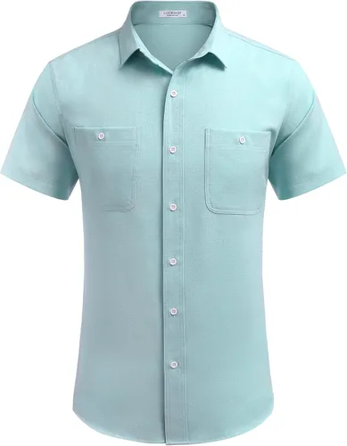 Vista 4 de COOFANDY Mens Linen Shirts Beach Casual Button Down Short Sleeve Shirt Summer