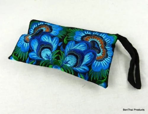 Vista 2 de BTP HMONG - Bolso de mano con bordado étnico, estilo hippie Boho Hobo azul floral grande HMW1