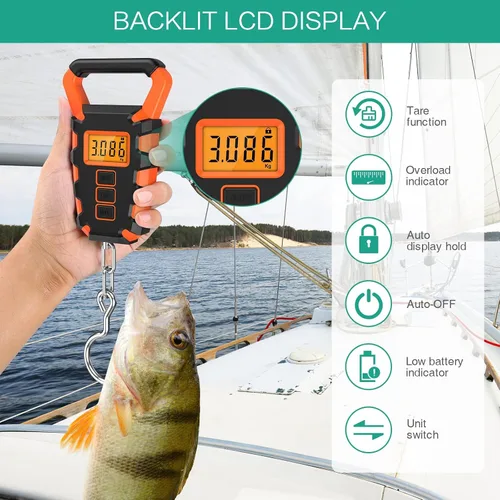 Vista 2 de ORIA Báscula digital de pesca con regla, báscula de gancho colgante postal de pesca, báscula de equipaje de 110 libras 110.2 lbs con cinta métrica
