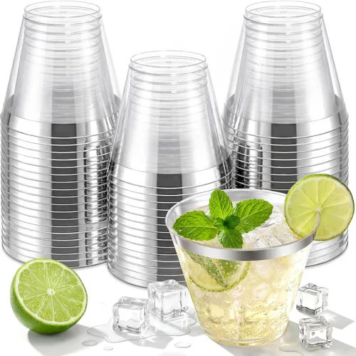 Vista 15 de Nervure 240 vasos de plástico azules – Vasos de plástico con borde dorado de 9 onzas – Taza azul desechable resistente con borde dorado perfecto