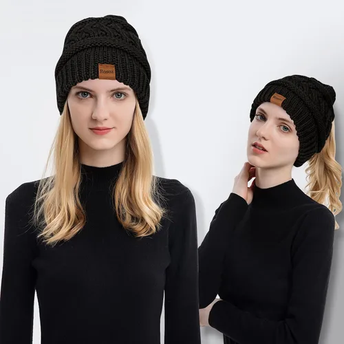Vista 2 de Rosoz 1&2 Packs Ponytail Beanie for Women,Winter Warm Beanie Tail Soft Stretch Cable Knit Messy High Bun Hat