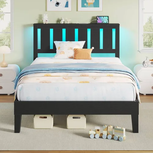 Vista 10 de Rolanstar Estructura de Cama Full con Cabecero, Estación de Carga y Luces LED, Base de Estructura de Cama de Madera con Soporte de Listones de Negro