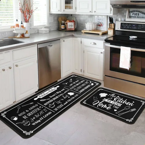 Vista 8 de Juego de 2 tapetes de cocina negros antideslizantes y lavables, juego de 2 tapetes decorativos antifatiga para áreas de cocina y comedor, decoración