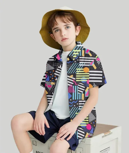 Vista 2 de Enlifety 2-10T Camisa hawaiana para niños y niñas, de manga corta, con botones, blusa casual de verano hawaiano
