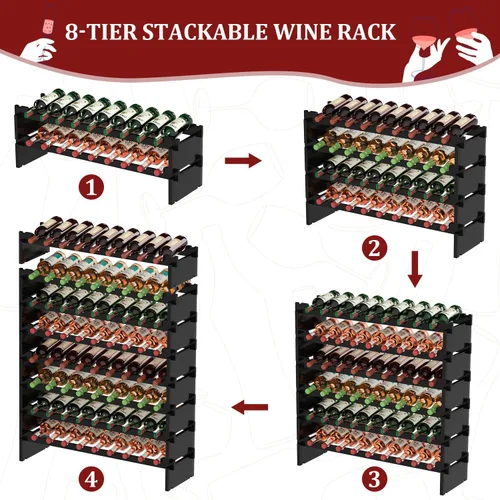 Vista 2 de Domax Estante de vino independiente para piso, 8 niveles, soporte para botellas de vino, 72 botellas, estantes apilables de madera de bambú