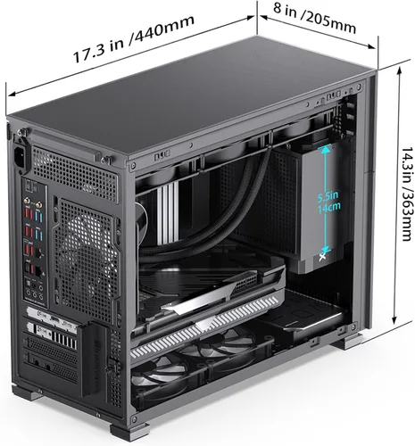 Vista 9 de JONSBO D31 MESH Caja de ordenador negra Micro ATX, compatible con placa base MATX/ITX/Soporte RTX 4090 (335-400 mm) GPU 360/280AIO, alimentación