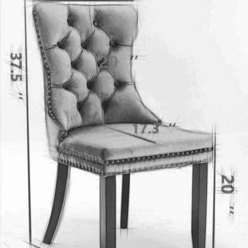 Vista 2 de Silla de comedor tapizada de terciopelo con respaldo copetudo y patas de madera, silla auxiliar moderna decoración de remaches, para comedor Negro