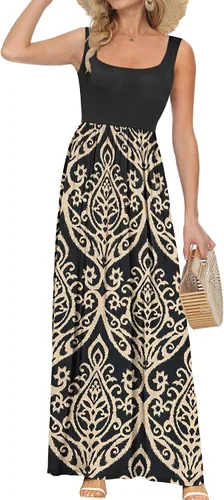 Vista 29 de AUSELILY Vestido largo con cuello cuadrado para mujer, sin mangas, floral, holgado, con bolsillos