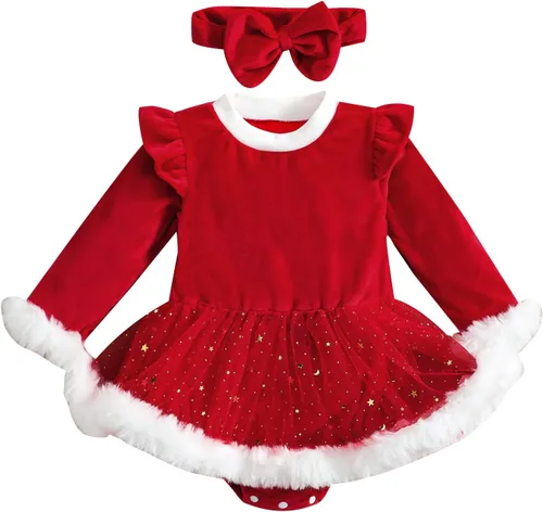 Vista 29 de Mameluco de Navidad para niñas recién nacidas, falda de malla de terciopelo rojo, traje de primera Navidad, regalo de Navidad