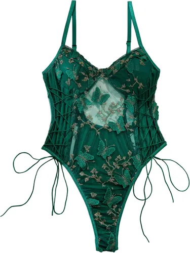 Vista 17 de Lilosy Teddy de Lencería Sexy para Mujer con Cordones y Bordado Floral, Body Top de Malla Transparente de Una Pieza Verde militar