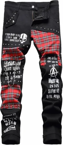 Vista 21 de Baylvn - Pantalones de mezclilla para hombre con diseño patchwork, ajustados y cómodos, estilo motociclista 3132 Camuflaje y azul